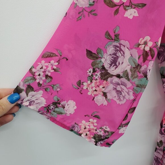 NWT Womens Floral Swimsuit Coverup Sz M Pink Sheer Cinched Waist V-Neck Beach‎ - Picture 8 of 16